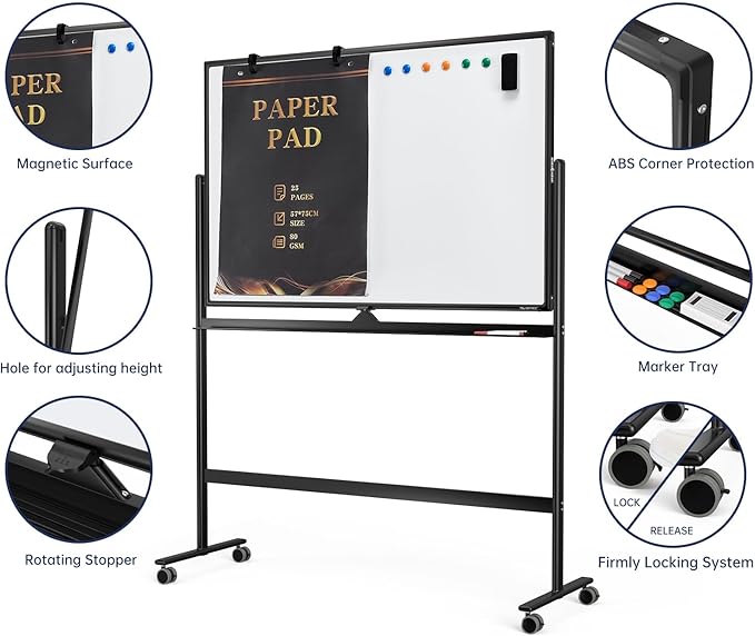 Large Dry-Erase Rolling Magnetic Whiteboard - 48 x 32 Inches Dry Erase Board with Stand Height Adjust Double Sides Mobile White Board Easel on Wheels with 25 Sheets Paper Pad Office, Home & Classroom