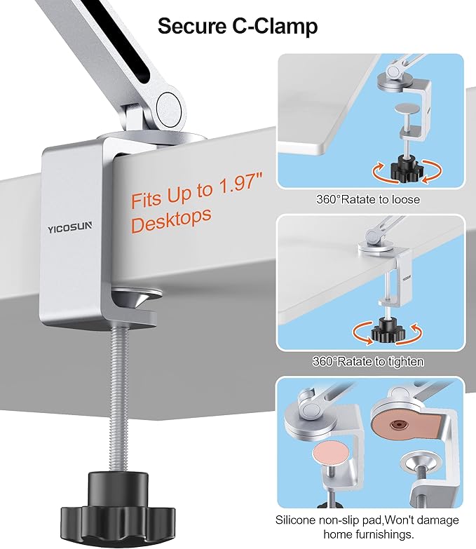 YICOSUN Tablet Arm Mount with Super Grip, Adjustable Foldable Holder & Heavy Duty Aluminum 360° Rotating Clamp for iPad, Phone, Monitor, Kindle - Universal for Desk, Bed, Kitchen - Silver