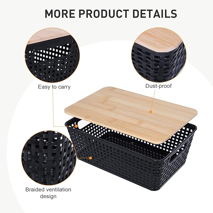 Anywish Storage Bins with Lids 8 Packs, Plastic Storage Bins with Bamboo Lids for Pantry Organization and Storage Containers for Shelves Drawers Desktop Closet Playroom Classroom Office Home, Black