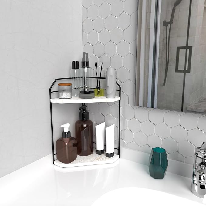INIUNIK Corner Bathroom Counter Organizer - 2 Tier Wood Vanity Counter Shelf Perfume Skincare Holder, Countertop Corner Shelf Organizer for Bathroom, Kitchen, Rustic White