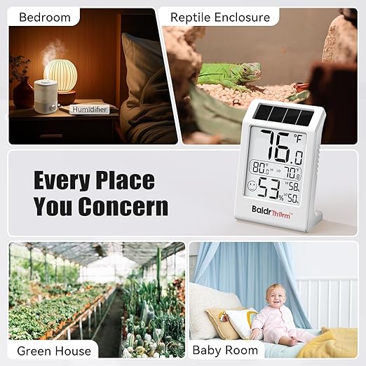 BaldrTherm Room Thermometer Indoor Humidity Meter, Solar-Powered 3.2'' Digital Temperature Sensor Monitor with Max/Min Reading, Comfort Indicator for Baby Room, Home, Office, White, 3Pack