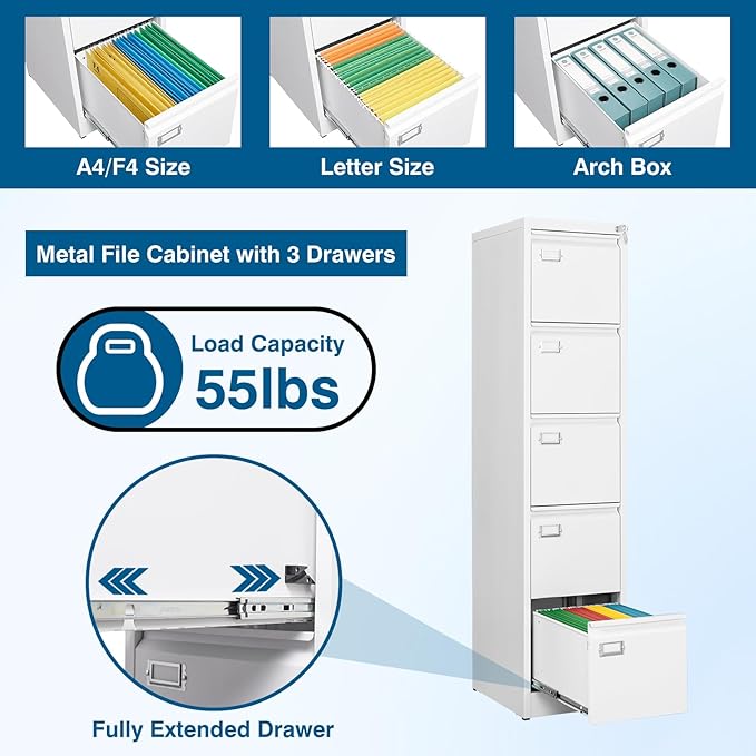 PEUKC 5-Drawer File Cabinet, 16.3" Deep Vertical Metal Filing Cabinet with Lock for Home Office, Anti-Tip 5 Storage Drawers for Letter/Legal/A4/F4 Size (Assemble Required, White)