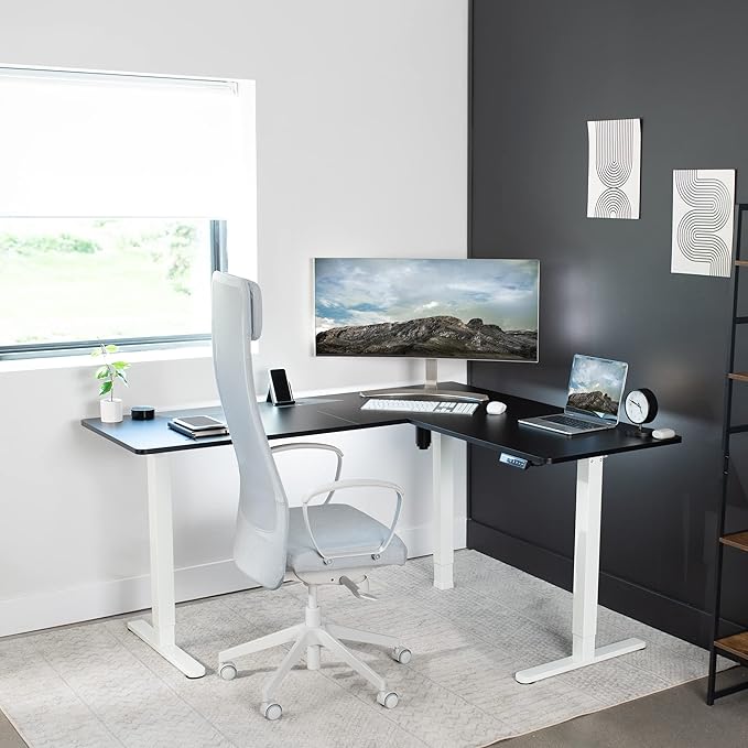 VIVO Electric Corner 63 x 55 inch L-Shaped Standing Desk, Memory Height Adjustment, Black Top White Frame, DESK-E3CTWB
