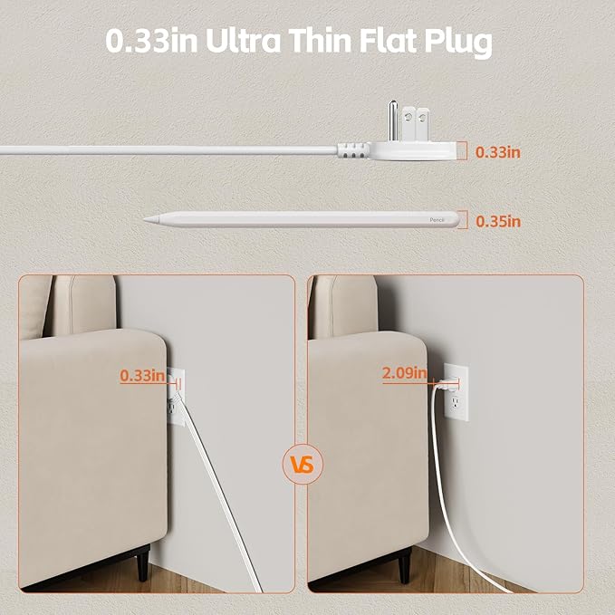 Surge Protector Power Strip 5 FT Flat Extension Cord ，10 AC Outlets & 4 USB Ports(5V/3.4A 17W), 1080J ，Wall Mountable Desktop Charging Station with Flat Plug for Office Supplies and Home, White