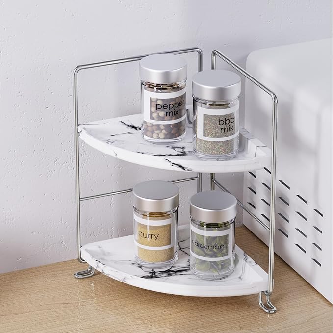 JANUS LiANG 2-Tier Corner Bathroom Organizer, Countertop Perfume Makeup Shelf Cosmetics Storage Shelf Display Rack Vanity Shelf,Kitchen Spice Rack,PP Imitation Marble Design,Tool-Less Install(Silver)