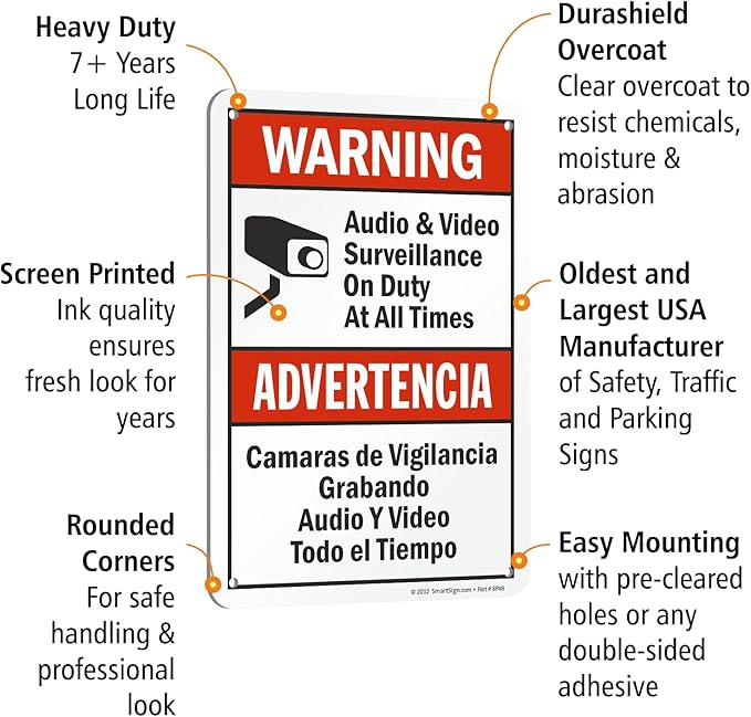 SmartSign 10 x 7 inch “Warning - Audio & Video Surveillance On Duty At All Times” Bilingual Sign, Digitally Printed, 55 mil HDPE Plastic, Red, Black and White, Made in USA