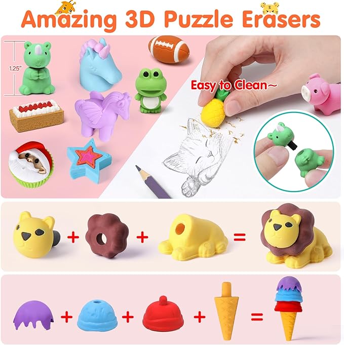 Moosia 120 Pack Animal Pencil Erasers for Kids, 3D Mini Puzzle Take Apart Erasers, Desk Pets & Treasure Box Toys, Bulk Party Favors, Classroom Prizes, School Supplies, Gift for Boys & Girls