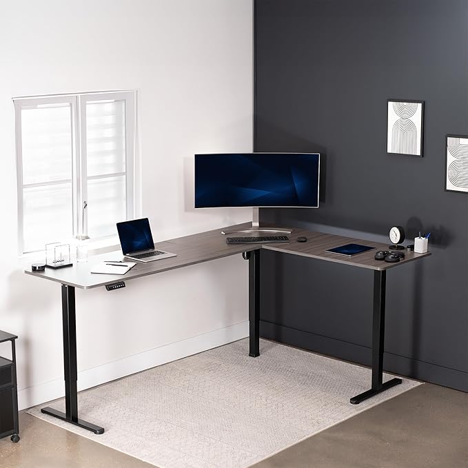 VIVO Electric Corner 84 x 63 inch L-Shaped Standing Desk, Memory Height Adjustment, Dark Gray Top Black Frame, DESK-E3CTBG-84