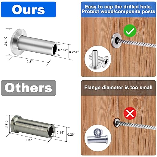 BLIKA 80 Pack Stainless Steel Protector Sleeves for 1/8" Deck Cable Railing, for Wood/Composite Posts, T316 Marine Grade, Cable Railing Protector Sleeves