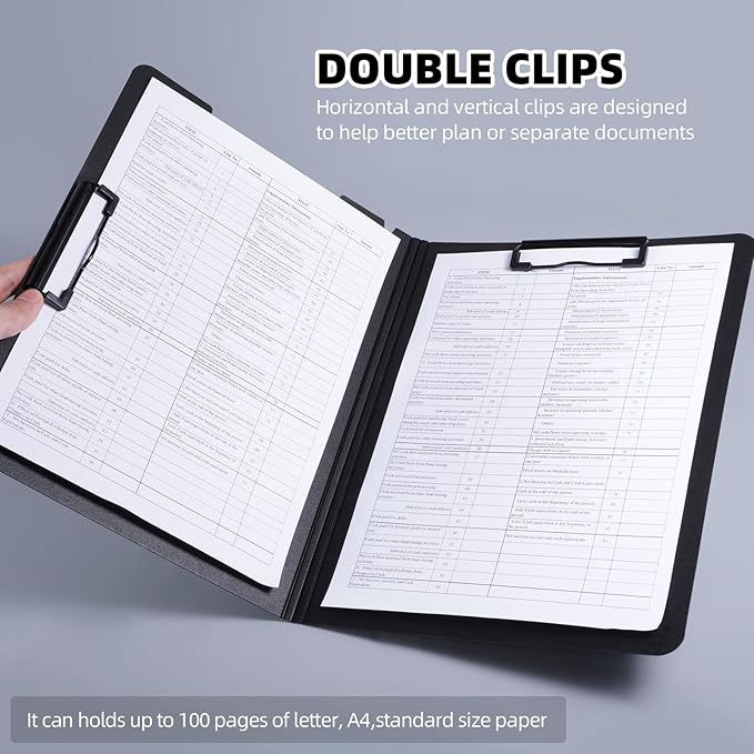 FRETONBA Clipboard Folder, 2 Pcs A4 Foldable Clipboard with Horizontal and Vertical Double Metal Clips, 360 Degree Foldable Binder Clipboards with Pen Holder, File Cover Work Folder Clipboards, Black