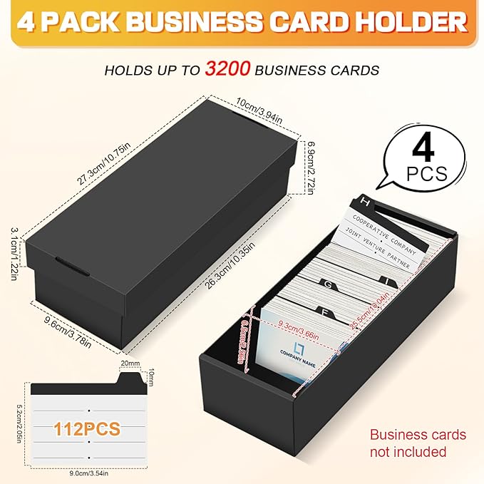 QLOUNI Business Card Storage Box 4 Pack, Business Card Holder Case with Lids & 112 Index Dividers, Holds 3200 Cards Total, Desk Business Card Organizer, Black Card Index & Recipe Card Storage