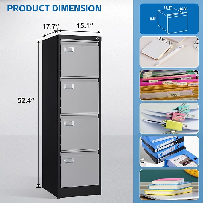 BYNSOE 4 Drawer File Cabinet with Lock Metal Vertical Filing Cabinet Office Home Lateral File Cabinet for A4 Legal/Letter Size,Assembly Required (Black Gray, 4 Drawers-Vertical)