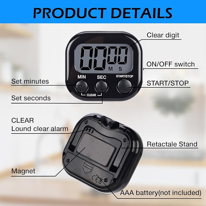 Leumoi 24 Pcs Digital Kitchen Timers Magnetic Back Timers Bulk Large Screen Loud Alarm On/Off Switch Minute Second Count up Countdown Memory Setting for Cooking Classroom Exercise (Black)