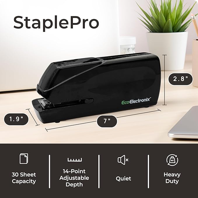 EcoElectronix Portable Stapler Bundle - 30 Sheet Capacity, Quiet Operation, Jam-Free and Easy Reload - AC Adapter/Battery Powered
