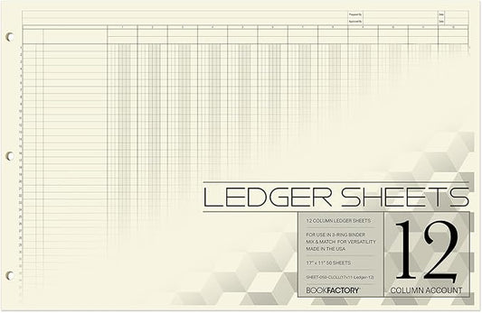 BookFactory Ledger Sheets/Large 12 Column Accounting Ledger Columnar (Twelve Columns) Loose Leaf Paper - 17'' x 11'', 50 Pages, Loose Leaf, 3 Hole Punched (Made in USA)