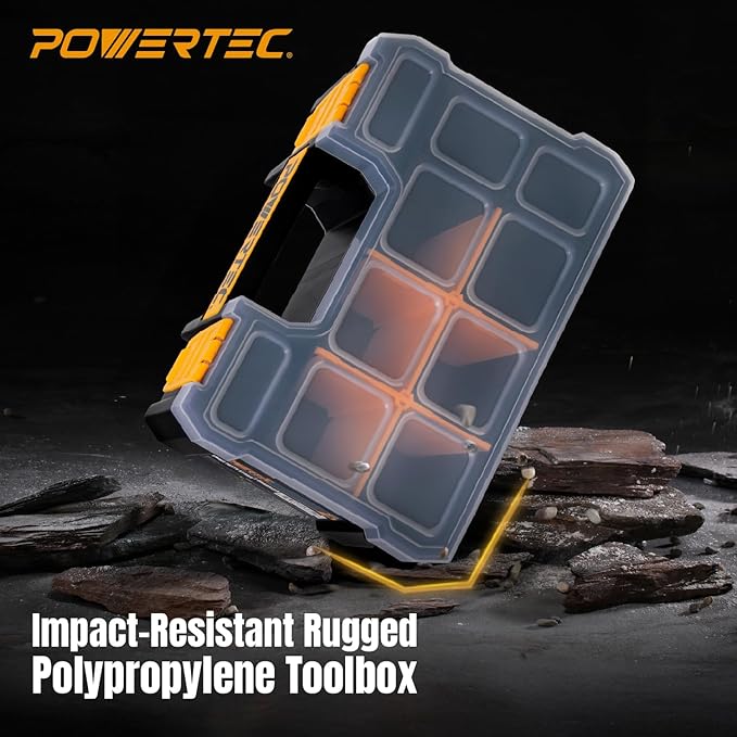 POWERTEC Small Parts Organizer & Tool Box – 10 Compartments, Stackable Storage with Removable Dividers, Clear Lid, Portable Design (72117)