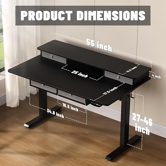ExaDesk 55 * 30 Inches Electric Standing Widened Desk Adjustable Height with 4 Drawers, Double Storage Shelves Stand Up Desk, Home Office Workstation Sit Stand up Desk (Classical Black)