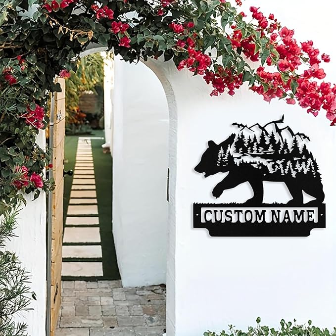 Custom Bear Metal Sign, Custom Bear Metal Wall Art Decor, Personalized Last Name Signs for Home, Rustic Farmhouse Black Wall Decor for Cabin, Bedroom, Living Room, Porch