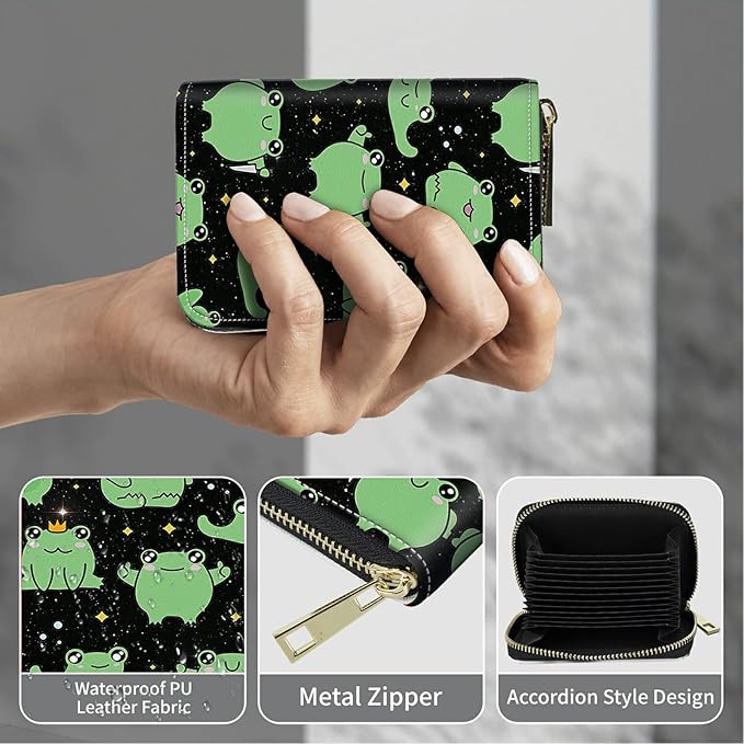 BWEGRHE Cute Credit Card Holder with Zipper, Princess Frog RFID-Blocking Card Case Small Wallet for Women Men, Multi-slot Card Organizer Case Travel Accordion Wallet