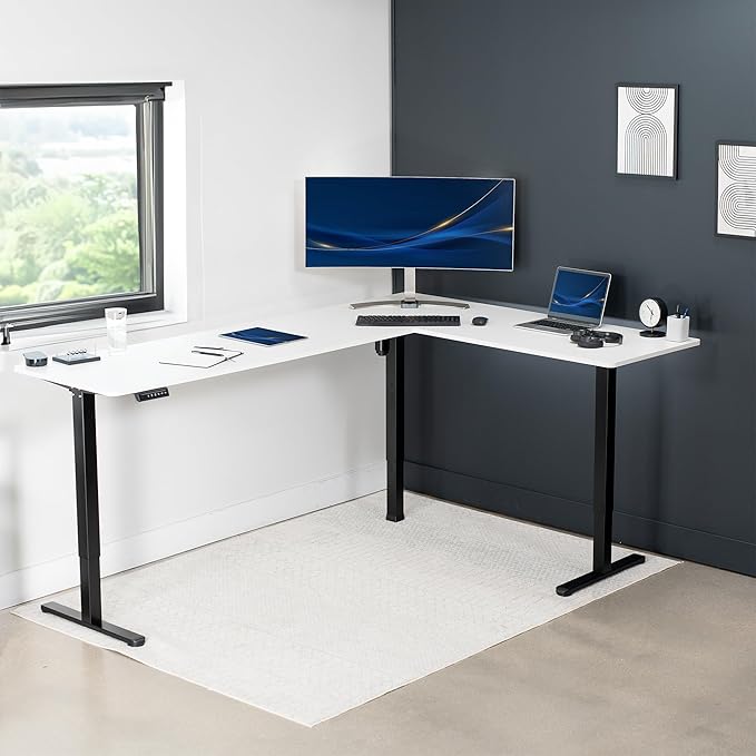 VIVO Electric Corner 84 x 63 inch L-Shaped Standing Desk, Memory Height Adjustment, White Top Black Frame, DESK-E3CTBW-84