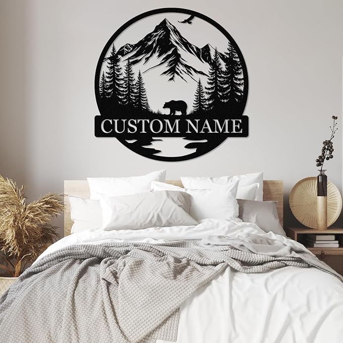 Dyoart Personalized Bear Metal Cabin Sign | Custom Signs Outdoor Metal | Cabin Decor | Family Sign | Rustic Cabin Bear Sign | Gifts for Hunters | Metal Art Wall Decor for Living Room Bedroom