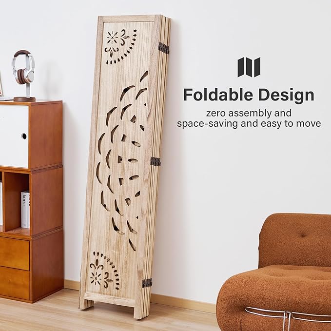 66.9Inch Wooden Room Partition - 6 Panels Boho-Styled Space Room Divider for Home/Office, Headboard & Yoga/Photo/Video Call Backdrop (Natural)