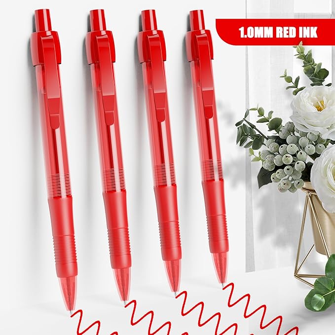 deegtran Pens Bulk, 50 Pack No Bleed Red Ink Click Pens with Soft Grip, Wholesale Retractable Ballpoint Pens for Office School, Medium Point Smooth 1.0MM