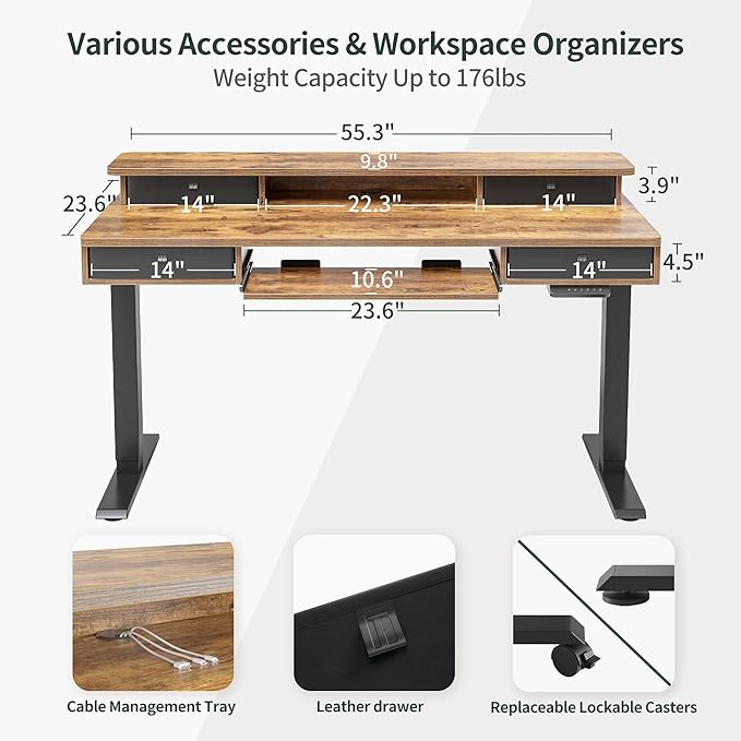 FEZIBO 55'' x 24" Height Adjustable Electric Standing Desk with 4 Drawers and Keyboard Tray, Home Office Table for Work, Study, Gaming, Writing, Rustic Brown