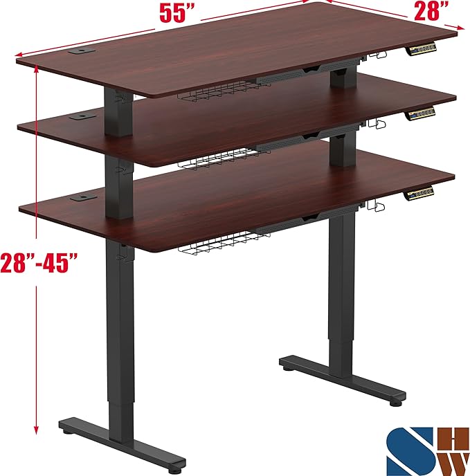 SHW 55 x 28 Inches Electric Height Adjustable Standing Desk with Drawer and Memory Preset, Cherry