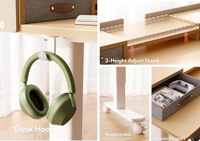 Claiks Standing Desk with Drawers, Adjustable Stand Up Electric Standing Desk Adjustable Height with Storage Shelf and Splice Board, 59 Inch, Natural