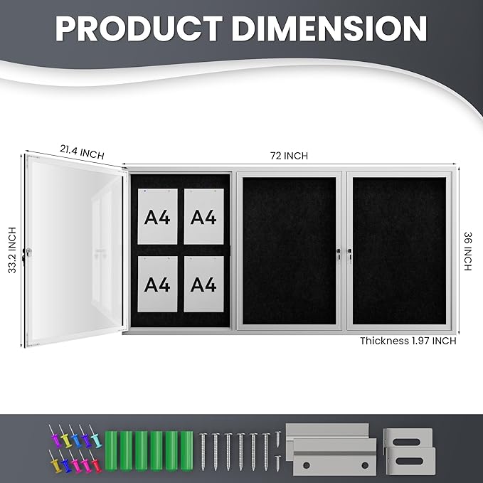 72"x36" Lockable Enclosed Bulletin Board, Outdoor Flet Weather-Resistant Aluminum Frame Notice Board, Wall Mounted Display Case Acrylic Doors for School,Office,Silver Frame w/Black Flet
