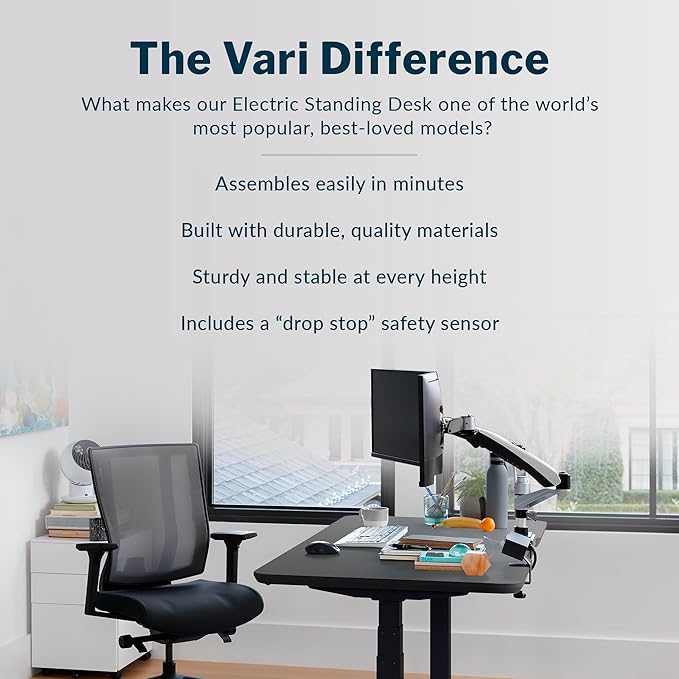 Vari Classic Electric Standing Desk - VariDesk Height Adjustable Sit/Stand Desk - Dual Motor with Memory Presets, Stable T-Style Legs - Gaming or Home Office Workstation - 60”x30”, Black/Black
