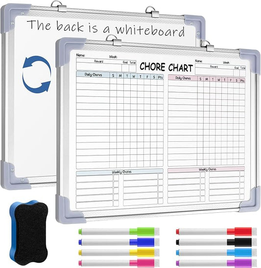 Lincia 12 x 16 Magnetic Dry Erase Chore Chart Board for Family Adults Double Side Family 2 in 1 Combo Chore Board Weekly Calendar Aluminum Frame for Wall 8 Markers 1 Eraser(Double Style)