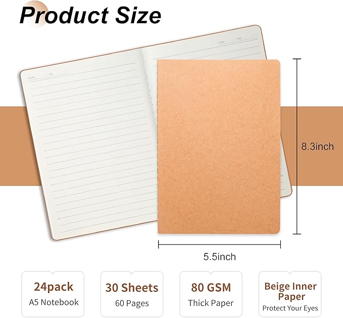 miikoul 24 Pack A5 Kraft Paper Notebook Lined Journal Bulk, 8.3 X 5.5 Inch, 60 Pages/30 Sheets, 80gsm, Travel Notebook Notepad for Adult, Students, Gift, Office, Back to School Supplies