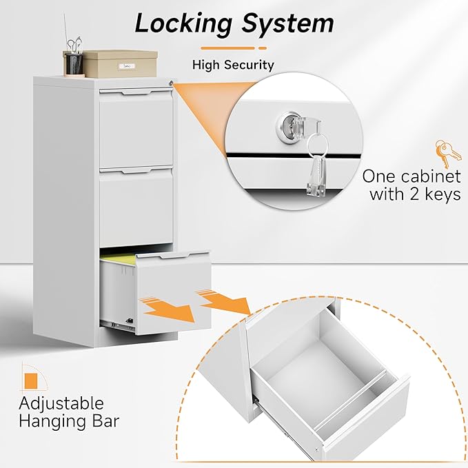 Bestoo 3-Drawer File Cabinet with Lock, Metal Filing Cabinet for Home Office, Vertical Filing Storage Cabinets, Fits File Folders, Letter/Legal/F4/A4 Size, Assembly Required (White)