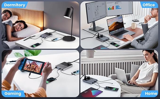 12-in-1 Charging Station USB C Power Strip with 5ft Cord and Plug,200W GaN IV USB C Charger Block,4 AC Outlets,8 USB for MacBook,iPhone 17/16/15,Fast Charging Desktop Charger for Office,Home