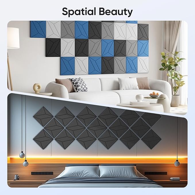 UNECHO 12 Pack 12" X 12" X 0.4" Acoustic Panels for Wall Sound Absorbing, P-Stripes Square Self-Adhesive Sound Panels, High Density Suitable for Multiple Scenarios(Black)