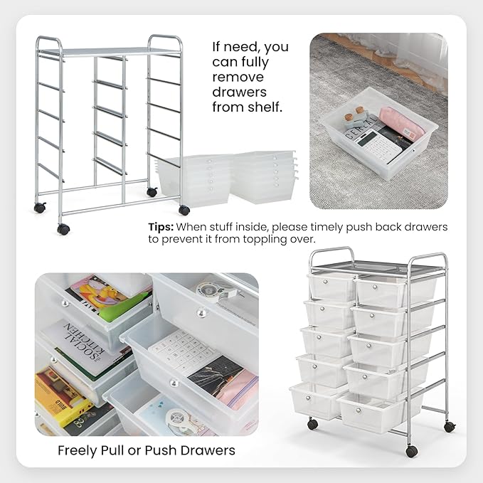 GLACER 10 Drawer Rolling Cart, Storage Cart with Lockable Whieels & Metal Frame, Trolley for Art Craft Oganizer, Mobile Utility Cart for Office, School, Classroom, Kitchen (Clear White)
