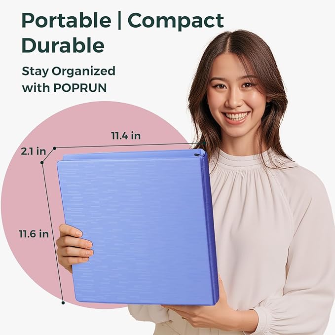 POPRUN 3 Ring Binder 1.5 Inch, PVC-Free, Holds 325 Sheets of 8.5 x 11 Paper, Extra Durable Organizer with 2 Pockets for School & Office, Heavy-Duty, 2 Pack, Midnight Green