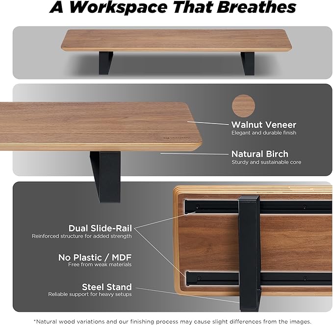 ULTRARM Moodular Wooden Monitor Stand 33.4” (85cm) Desk Organizer with Metal Slide Rails for Drawer, Tray, Laptop, Tablet, Phone & Headphones Customizable Riser for Organized Workspace Walnut MS85-W