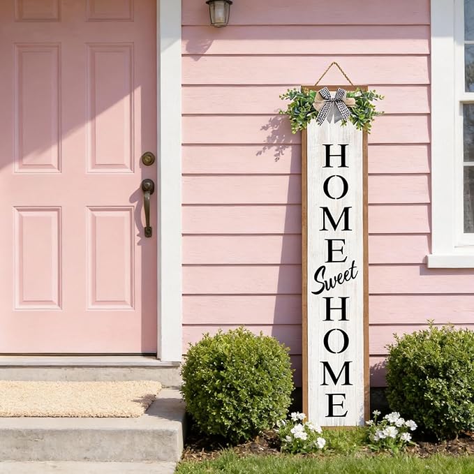 Double-sided Welcome Wooden Sign Stand with Magnetic-adhesive Wreath for Front Door, 47" Vertical Farmhouse Home Sweet Home Porch Sign for Outdoor Patio Garden, 2in1 Large Tall Porch Leaner Decor