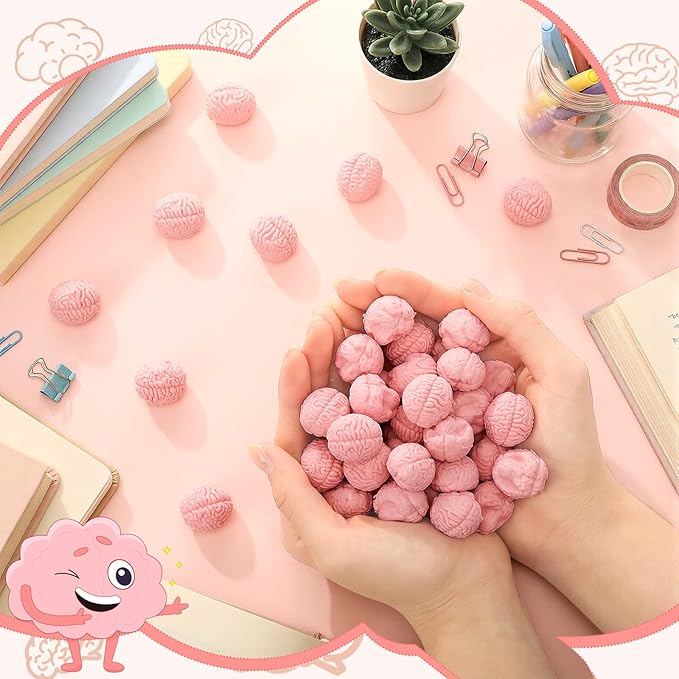 Gilprop 24 Pcs Brain Shaped Erasers Bulk, 1 Inch Mini Halloween Erasers Halloween Party Favors Fun Classroom Supplies Cute Novelty Gifts for Students Teacher Must Haves (Pink)