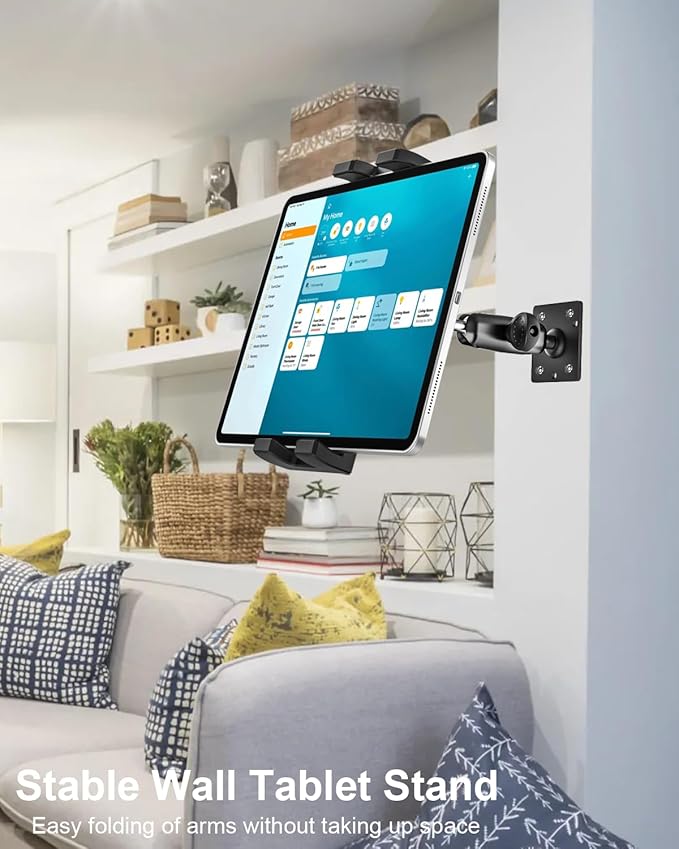 Small Tablet Wall Mount iPad Holder, Metal 360° Adjustable Stand, Multiple Hole Position, Alloy Base and Joint Arm, for iPad Pro Air Mini, Galaxy Tabs, Z Fold, Fire HD, Surface, iPhone, 4-13" Devices