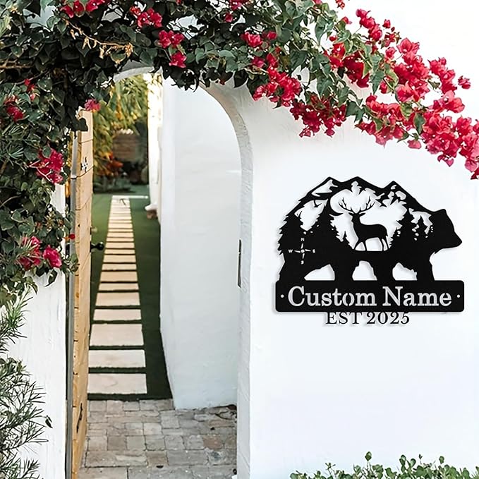 Custom Bear & Deer Metal Sign, Custom Bear Metal Wall Art Decor, Personalized Last Name Signs for Home, Rustic Farmhouse Black Wall Decor for Cabin, Bedroom, Living Room