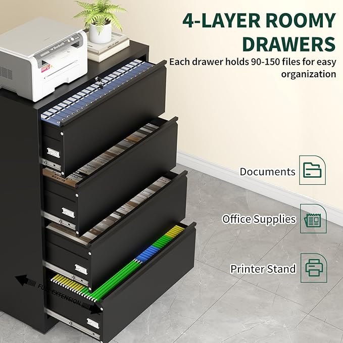 4 Drawer Lateral File Cabinet with Lock, Metal File Cabinets for Home Office, Office Furniture for Organization Hanging Legal/Letter/A4, Metal Filing Cabinet Storage Cabinet, Require Assembly, Black