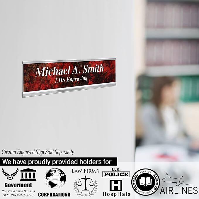 Custom Name Plate with Choice of Mounting for Walls, Doors, Desk Holders, Cubicles, Hanging and More - Personalized White Plastic Black Letters - USA Made 2x8 - B16