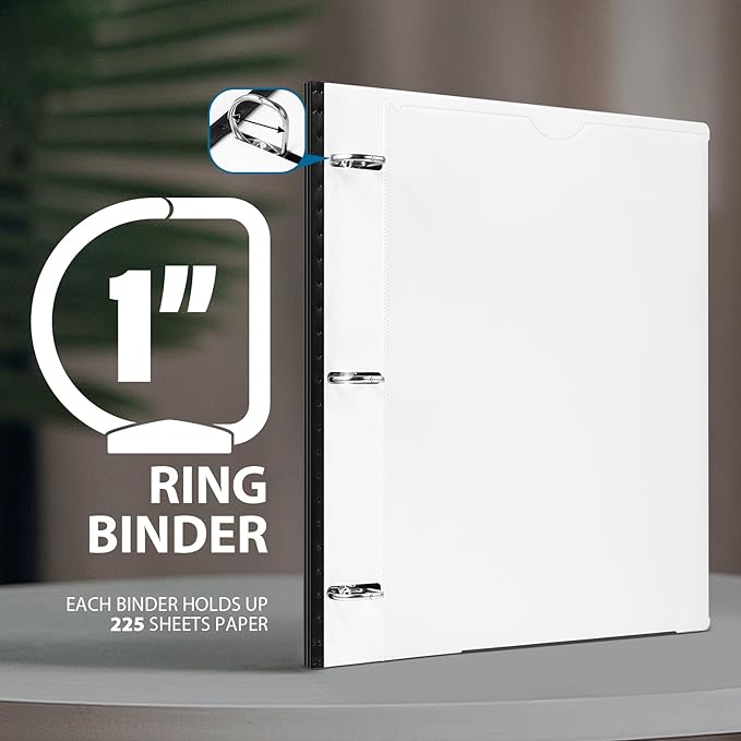 WOT I 1 Inch Telescoping 3 Ring Binder 4 Pack, Expandable Flexible Binder with Customizable Front Cover & Clear Catalog Pocket, Holds 225 Sheets, School Office Supplies, White