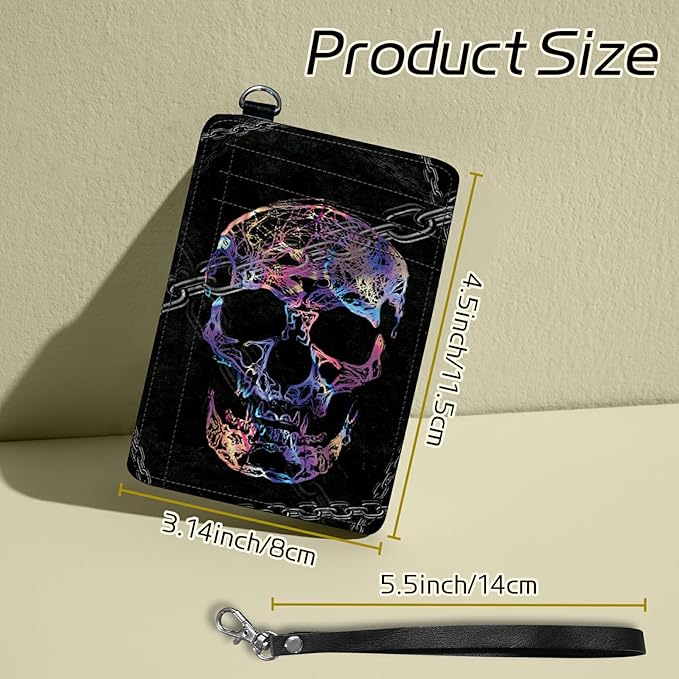 BWEGRHE Small Travel Wallets, Shackle Skull Slim Minimalist Front Pocket Wallet with Wristlet, RFID Blocking PU Leather Credit Card Holder with ID Window Change Purse for Men Women
