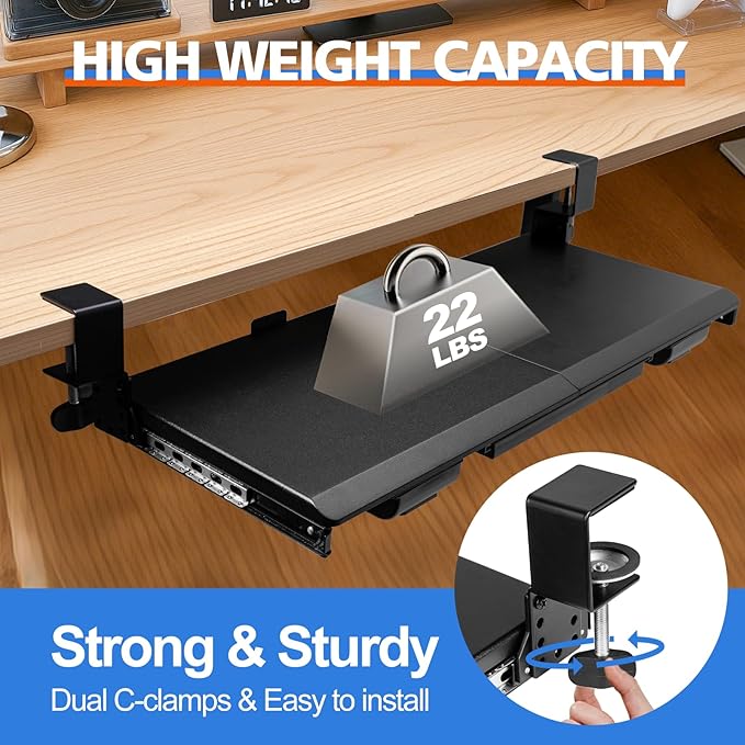 OUKMIC Large Height Adjustable Keyboard Tray with Sturdy C-Clamp Mount and Storage Drawer, 27"(31" Including Clamps) x 12" Slide Out Ergonomic Keyboard Trays for Home and Office, Black