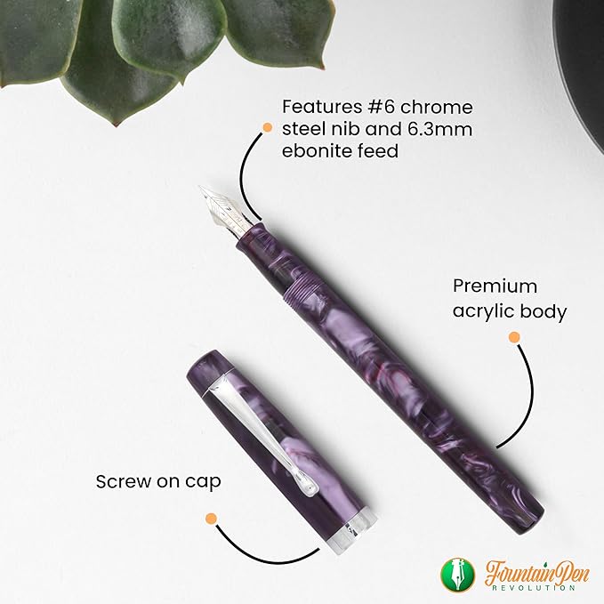 FPR Himalaya V2-Chrome Ultra Flex Nib Pen - Twist-Style Converter Filled Calligraphy Pens for Writing-Fancy Pens for Men & Women - Flex Fountain Pen w/Metal Clip & Cap Ring (Amethyst Purple Acrylic)